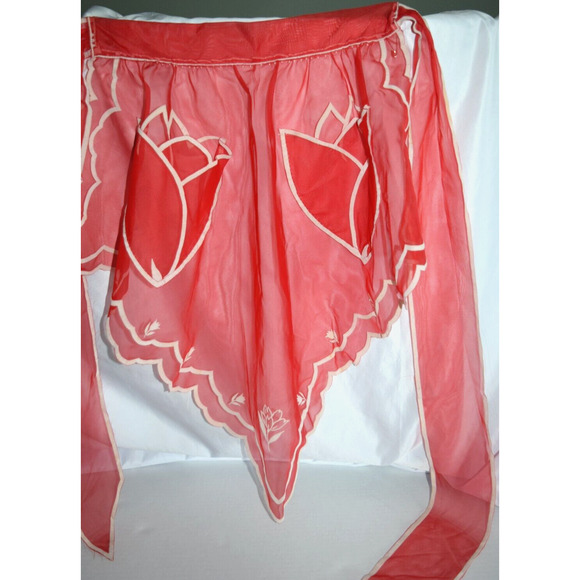 Vtg 50's Sheer Waist Apron Tulip Pockets Flocked White Trim Retro Traditional - Picture 3 of 9